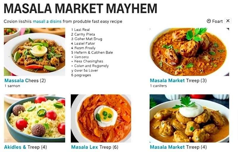 Masala Market Mayhem recipe collection showing various Indian dishes from different regions