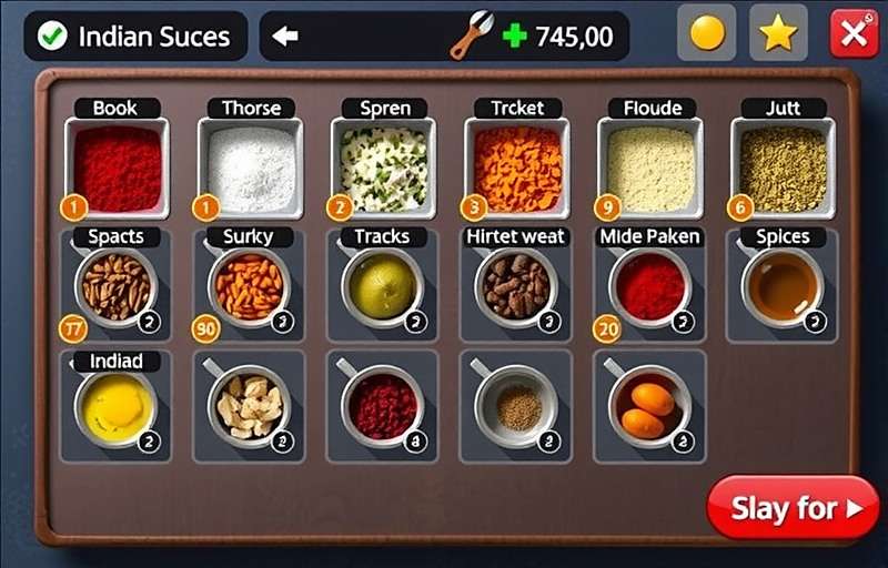 Masala Market Mayhem cooking interface showing various spices and cooking utensils for preparing Indian dishes